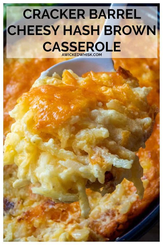 a spoon full of cheese hashbrown casserole with text overlay that reads cracker barrel cheesy hashbrown casserole