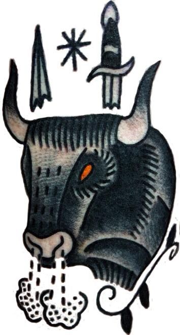 an artistic drawing of a bull with horns and spikes on it's head is shown