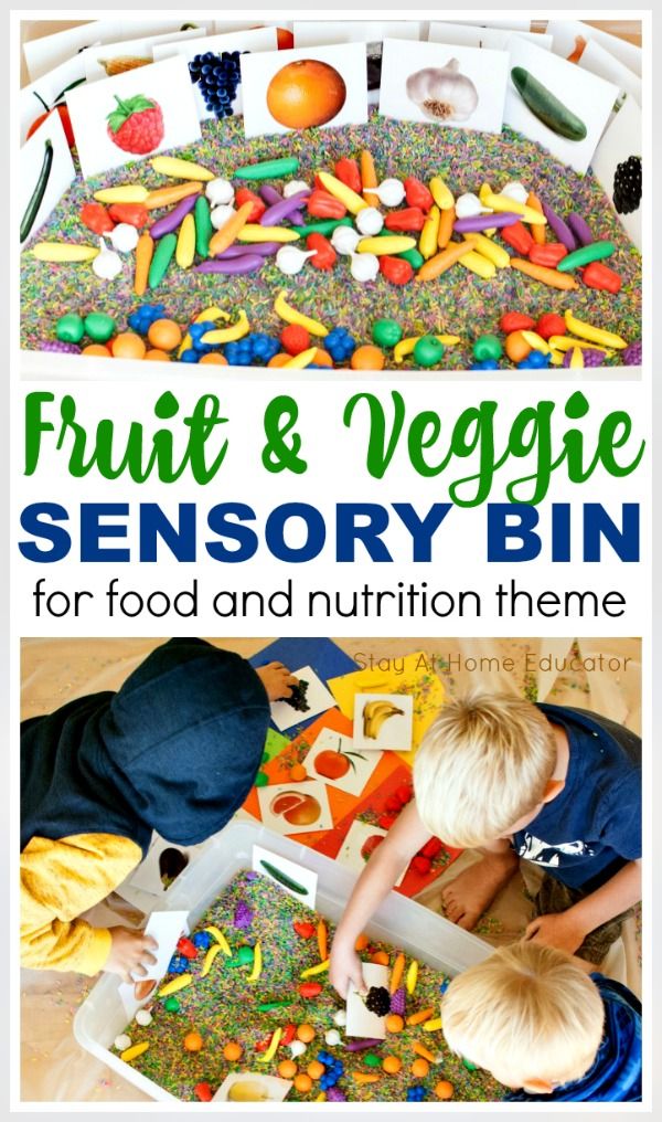 fruit and veggie sensory bin for toddlers to play with food and nutrition