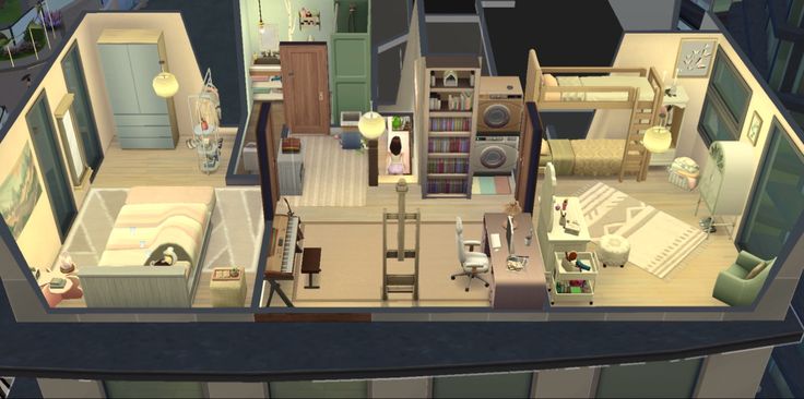 an aerial view of a small apartment in the middle of a city with lots of furniture