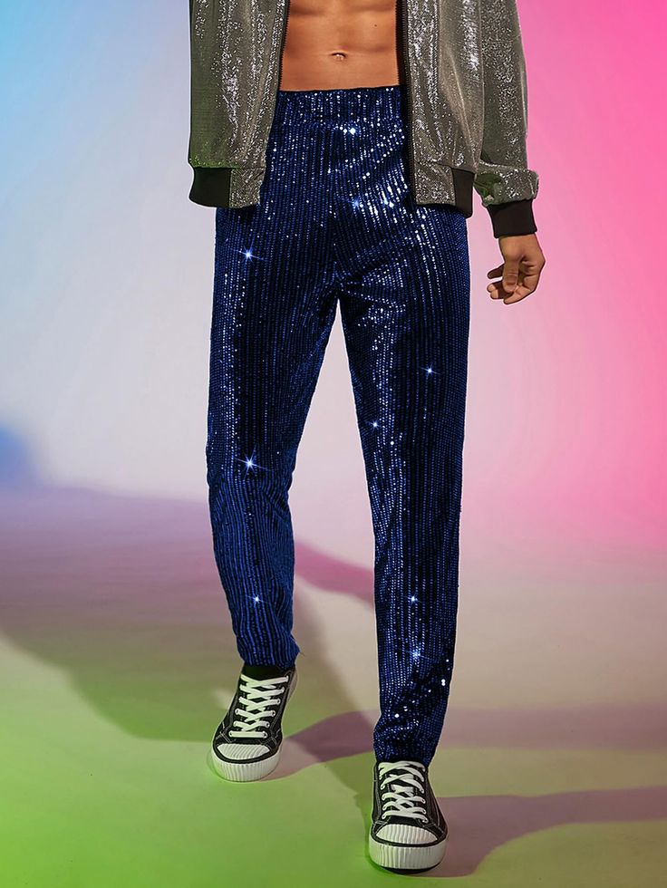 These dress pants feature a unique blend of sequined glitter fabric that adds a fashionable and stylish look to any wardrobe. They are crafted in a slim fit for an enhanced silhouette and come in a variety of colors to match any outfit. They offer a luxurious feel and give any outfit a high-end finish. 94% Polyester, 6% Elastane Imported Pull On closure Hand Wash Only Blue Sequined Bottoms For Party Season, Blue Bottoms For Evening And Party Season, Blue Bottoms For Evening Party Season, Blue Sequin Pants For Night Out, Blue Evening Bottoms For Party Season, Shiny Fitted Bottoms For Party Season, Fitted Shiny Bottoms For Party, Shiny Fitted Bottoms For Party, Glamorous Blue Bottoms For Night Out