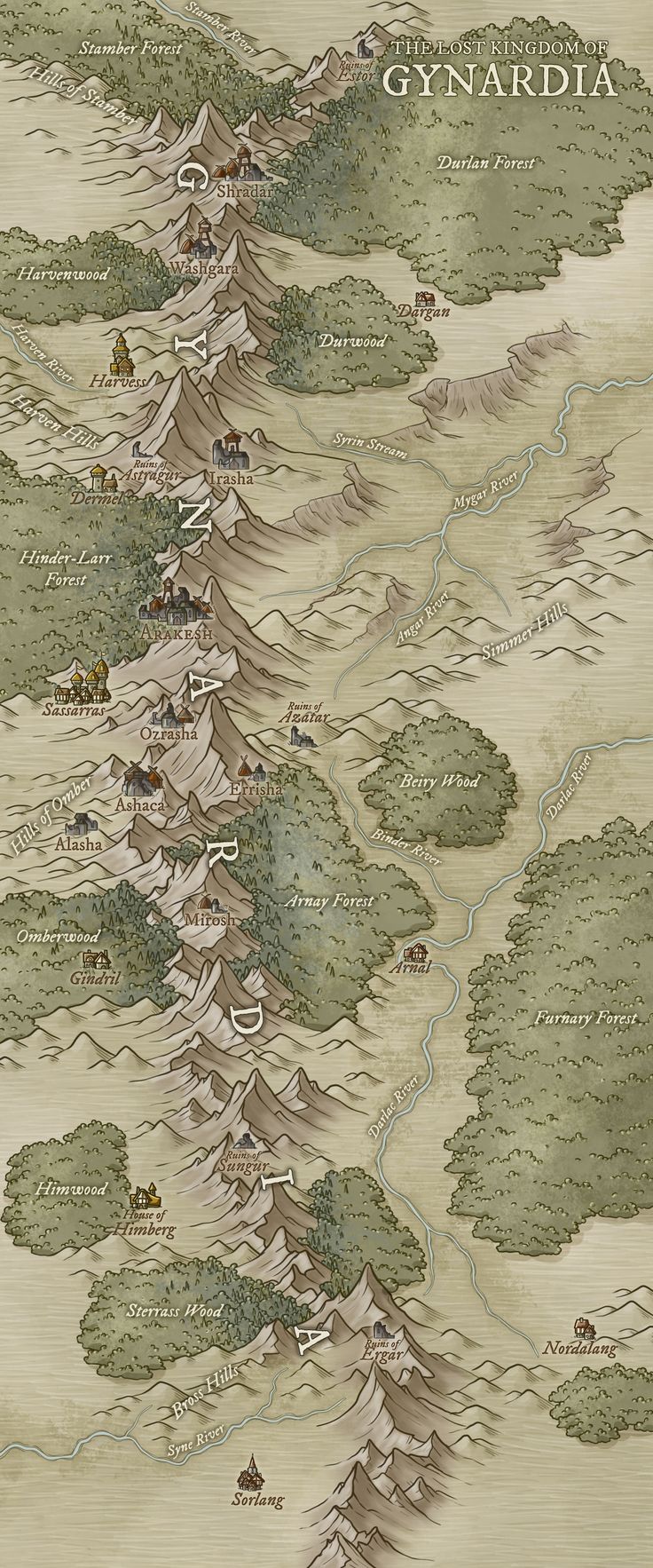 a map with many trees and mountains on it