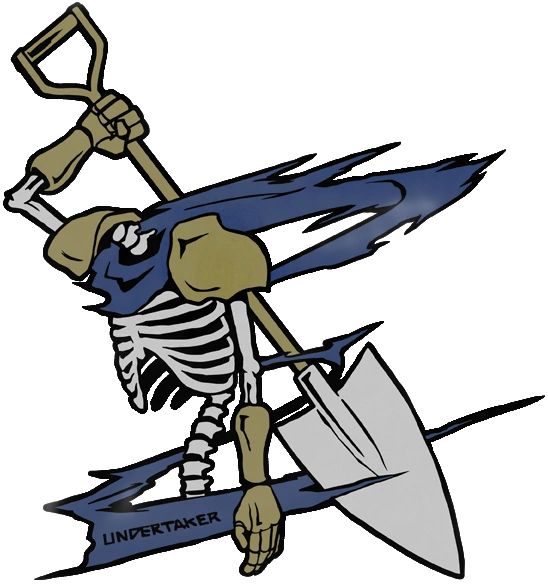 a skeleton holding a shovel with the word undertaker on it's back