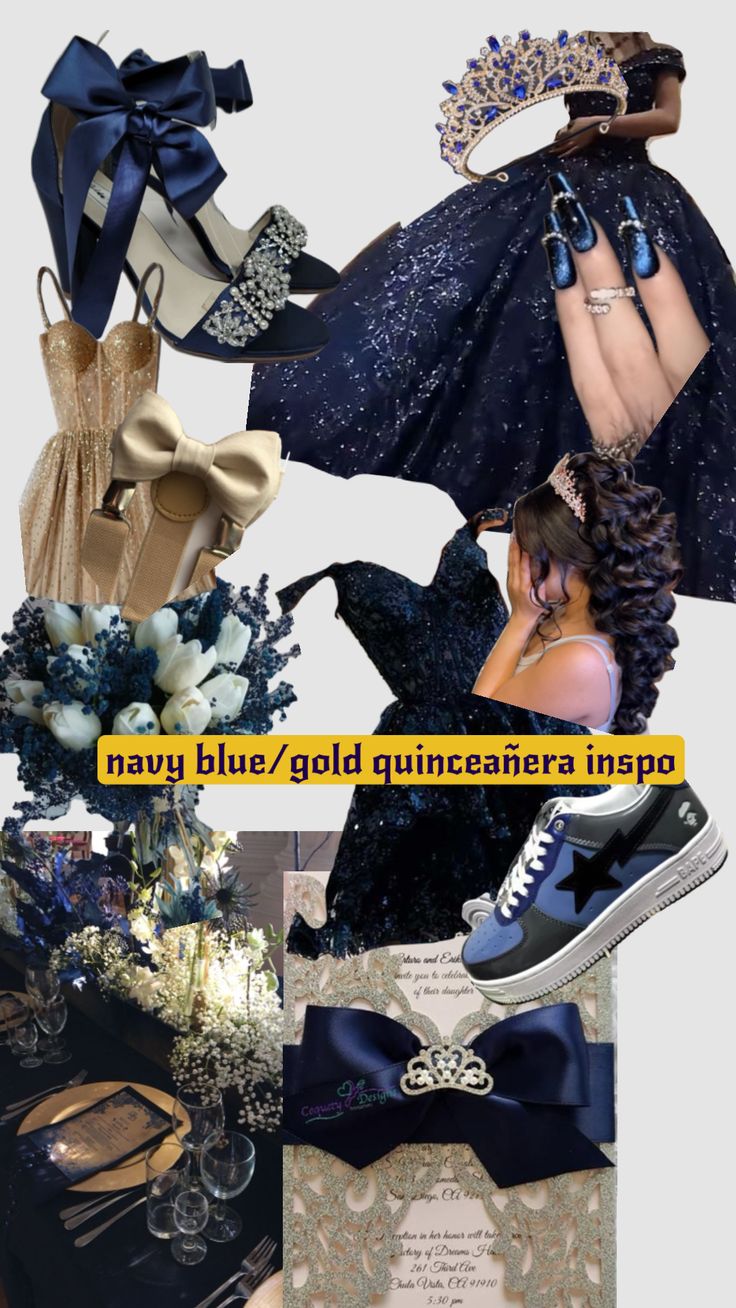 a collage of photos with blue and gold accessories