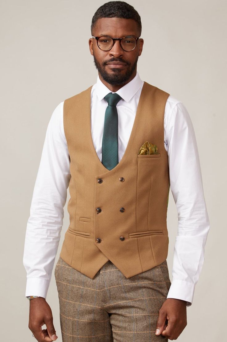 KELVIN - Oak Double Breasted Waistcoat Elegant Brown Vest With Notch Lapel, Elegant Beige Vest With Notch Lapel, Elegant Brown Notch Lapel Vest, Elegant Beige Notch Lapel Vest, Brown Business Vest With Notch Lapel, Brown Notch Lapel Vest For Business, Formal Brown Sleeveless Outerwear, Brown Sleeveless Formal Outerwear, Elegant Brown Business Vest