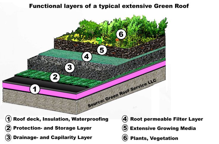 the diagram shows different layers of a typical green roof, including waterproofing, root permeable layer, and drainage system