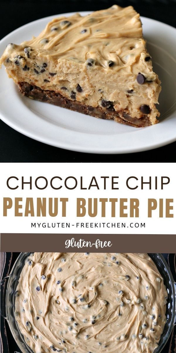 chocolate chip peanut butter pie on a white plate with text overlay that reads, chocolate chip peanut butter pie