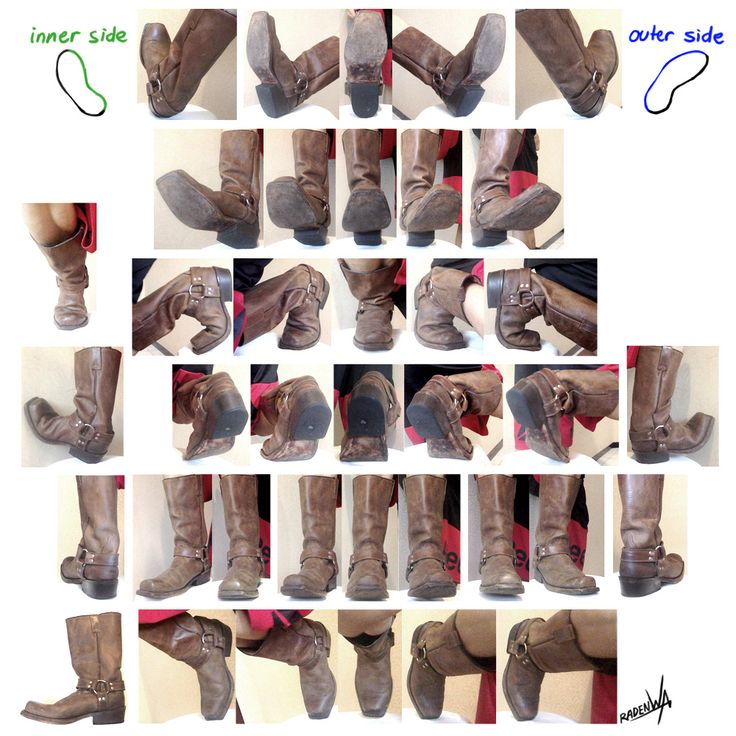 several pictures of different pairs of boots with their soles open and showing how to wear them