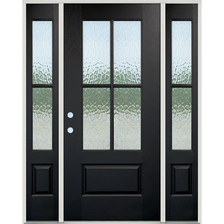 a black double door with frosted glass on the front and side doors to both sides