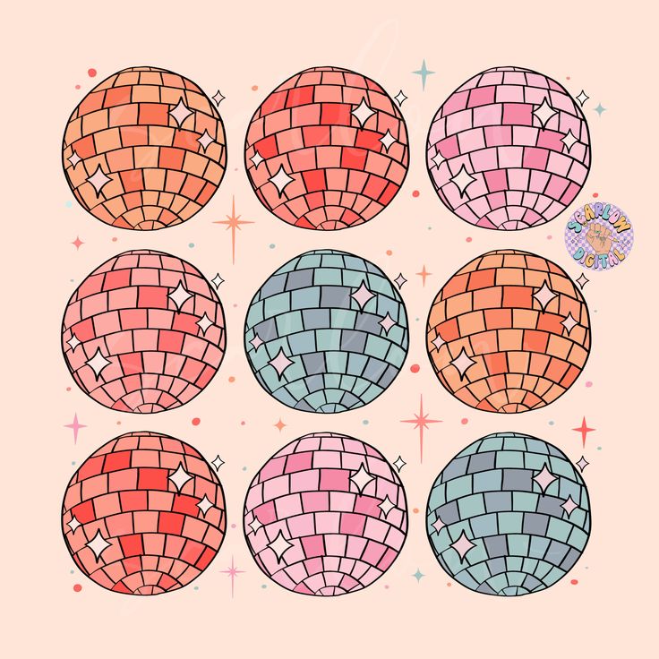 six disco balls in different colors on a pink background