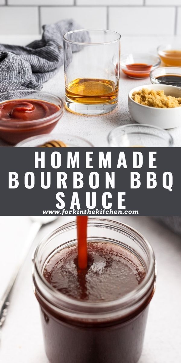 homemade bourbon bbq sauce is being poured into a jar with the recipe in it