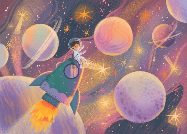 a painting of a boy riding on top of a rocket in outer space with planets around him