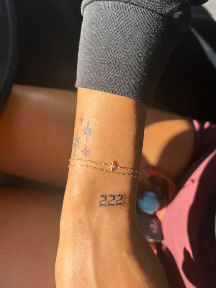 a person with a small wrist tattoo on their left arm and the number 22 tattooed on her right foot