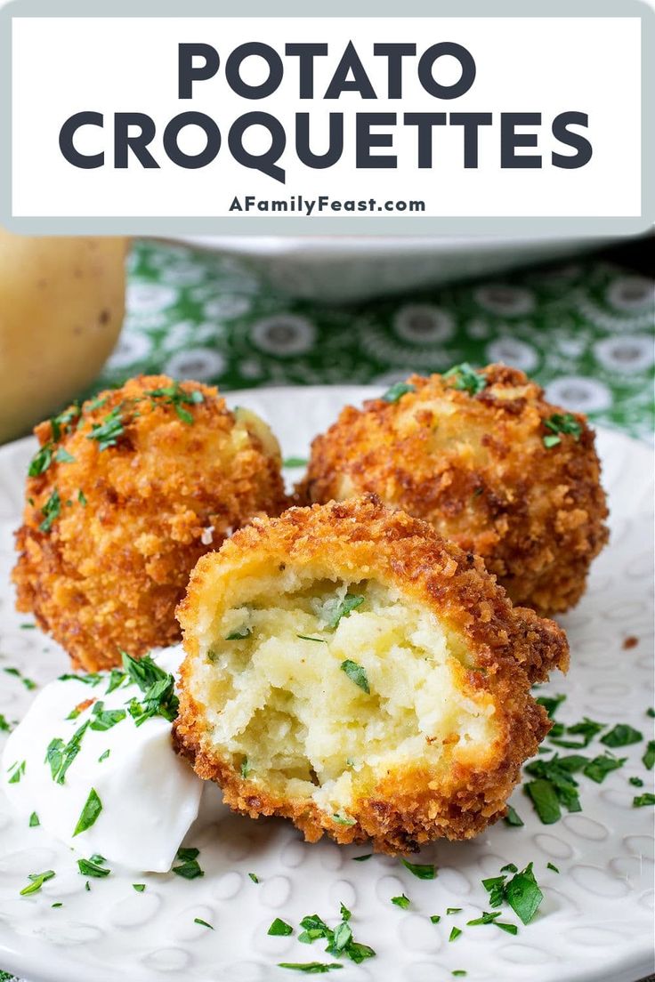 potato croquettes on a white plate with the text overlay above it