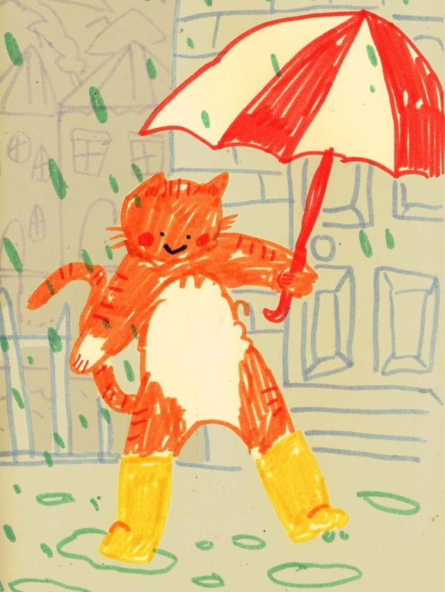 a child's drawing of a cat holding an umbrella