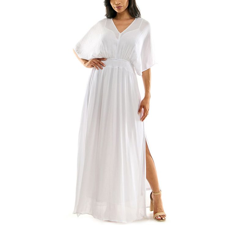 Draped sleeves and a smocked waistband makes this women's Nina Leonard maxi dress a stylish summer staple.Finding the perfect fit and size for women's clothing requires basic measurements of your chest, waist, hips and inseam. Use this guide to learn more about sizing and everything Kohl's has to offer in women's fashion. Draped elbow sleeves V-neck with tie-back Chiffon construction LinrfFIT & SIZING 56 1/2-in. approximate length from shoulder to hem Maxi cut Smocked waistband Pull-on designFAB Smocked Maxi Dress, Draped Sleeves, Drape Sleeves, Summer Staples, Elbow Sleeve, Gender Female, Smocking, Fabric Design, Age Group