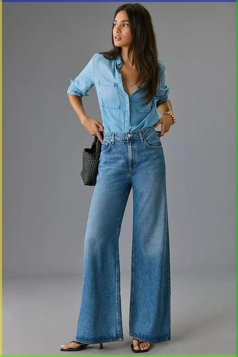 Denim Jeans Outfit Women, Wide Leg Outfit, Jeans For Tall Women, Palazzo Jeans, Denim Jeans Outfit, Wide Leg Jeans Outfit, Wide Legged Jeans, Looks Jeans, Woman Pants