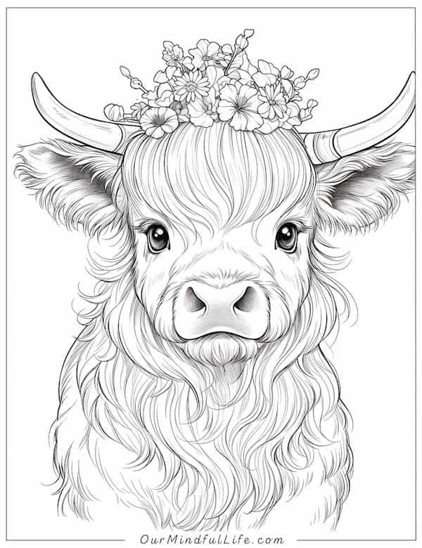 a cow with flowers on its head and long hair is shown in black and white