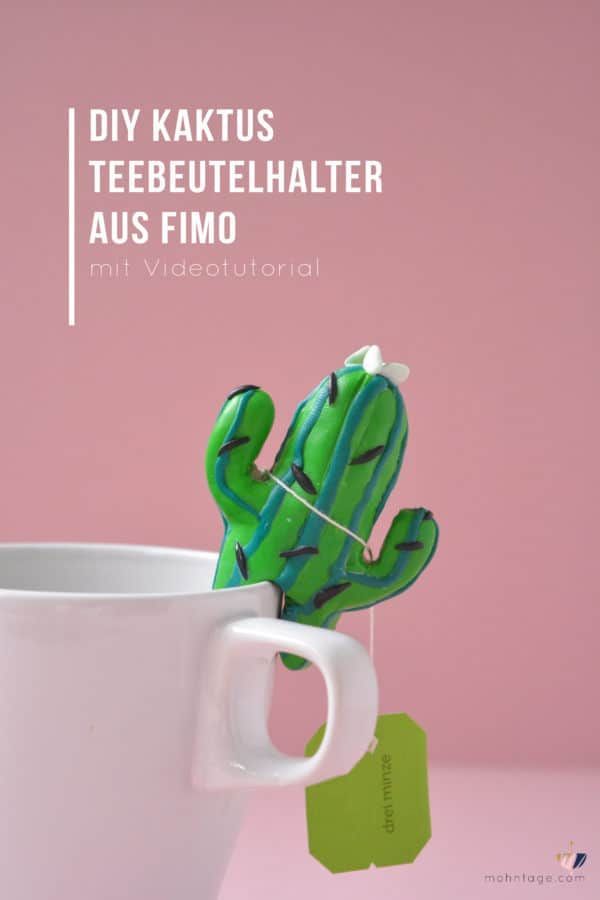 a green cactus in a white cup with the words diy kaktus teebeutelheiter aus fimo