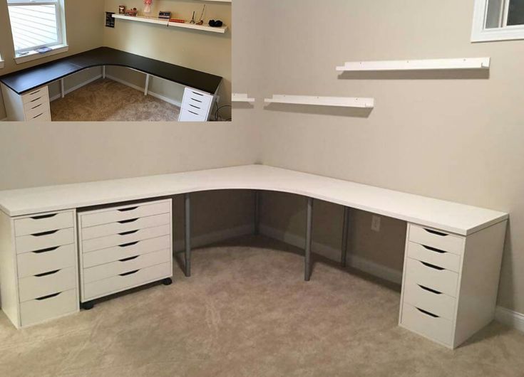 a corner desk with drawers and shelves in an empty room, before and after remodeling