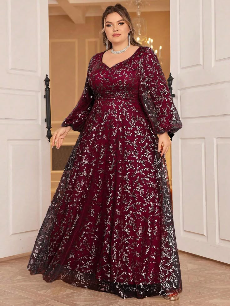 Plus Size Long Sleeved Ditsy Floral Maxi Evening Dress Burgundy Party  Long Sleeve Knitted Fabric Colorblock,Plants,All Over Print A Line Slight Stretch All Weddings & Events, size features are:Bust: ,Length: ,Sleeve Length: Red Formal Dress Plus Size, Maxi Party Dress, Evening Dress With Sleeves, Plus Size Gowns Indian, Plus Size Dress Ideas, Maxi Dress For Wedding, Sleeved Dress, Dinner Dress Evening, Plus Size Gala Dress