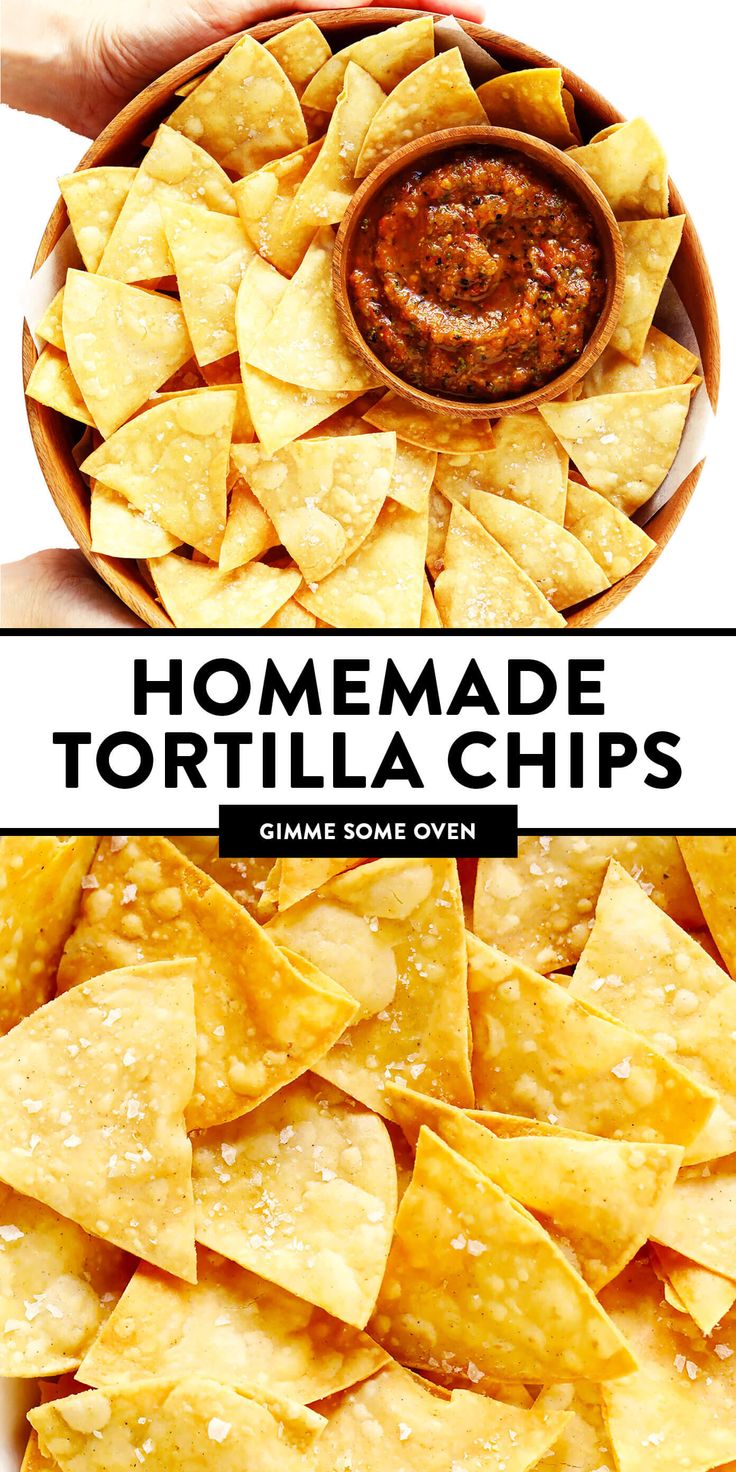 homemade tortilla chips in a bowl with salsa sauce on top and the title overlay reads homemade tortilla chips