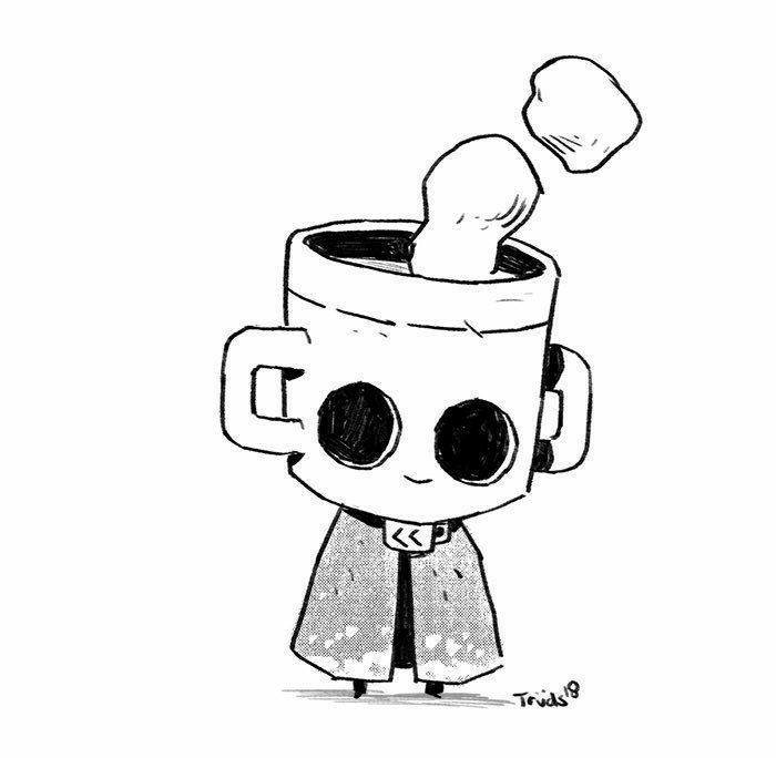 a black and white drawing of a cartoon character holding a cup with something in it