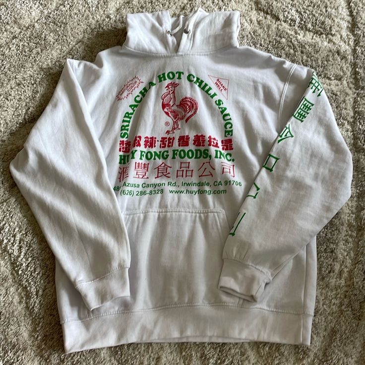 White Graphic Siracha Hoodie Never Worn! White Hooded Casual Sweater, Casual White Hooded Sweater, Fitted White Hoodie For Spring, White Hooded Sweater With Letter Print, White Hooded Sweater For Streetwear, White Hooded Top For Winter, White Sweater With Drawstring Hood For Streetwear, White Hooded Sweater With Drawstring, White Fitted Sweatshirt For Streetwear