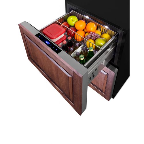 an open refrigerator with food in it on top of a white background and bottom drawer opened