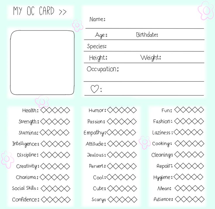 a blue and white printable card with the words my oc card on it