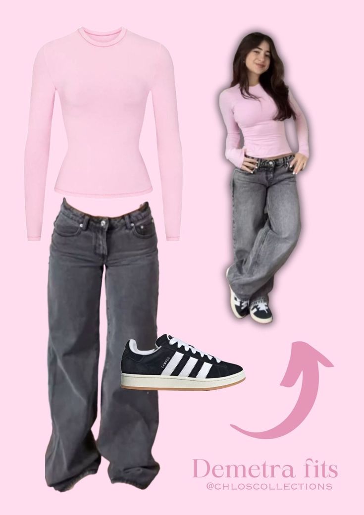 Outfit Ideas Simple School, Amare Clothes, Winter Outfits Demetra, How To Style Campus 00s, Aesthetic Girly Outfits, Jeans And Denim, Outfits With Campus 00s, Demetra Jeans, Cocette Aesthetic Outfits