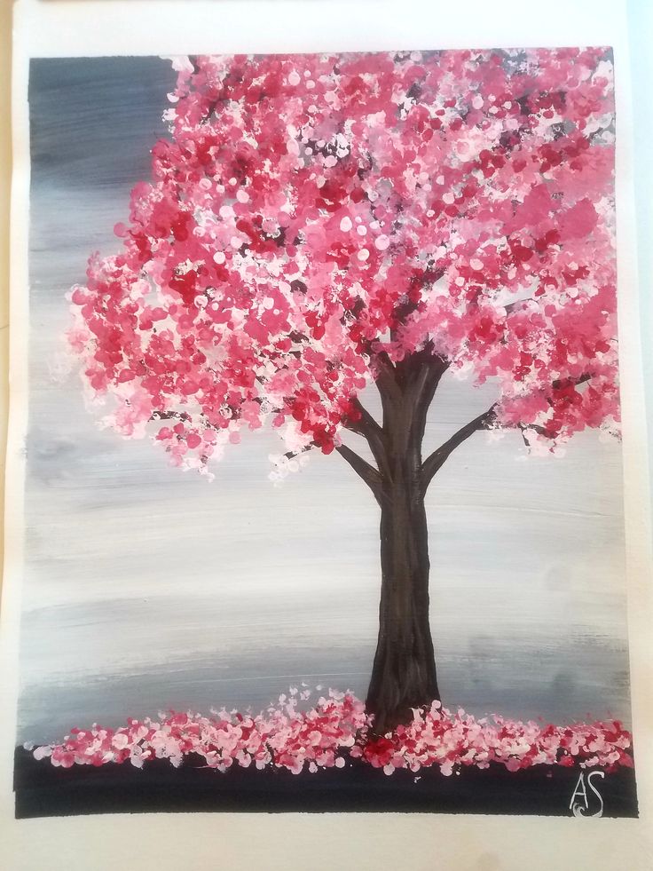 a painting of a tree with pink flowers on it