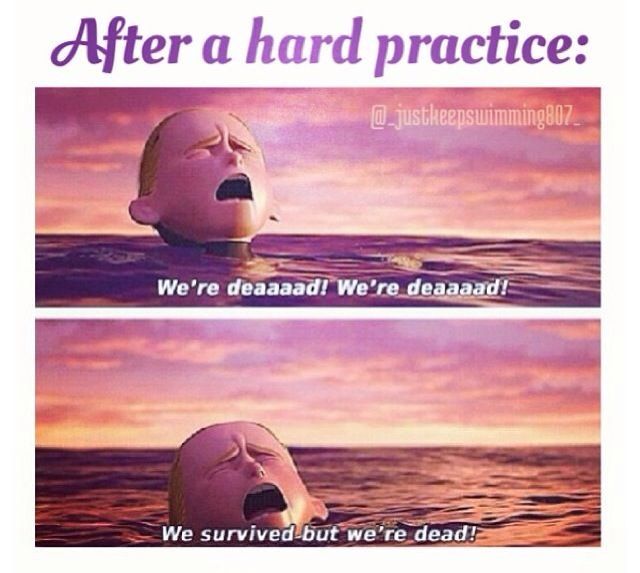 two pictures with the words after a hard practice, we're scared but we're dead