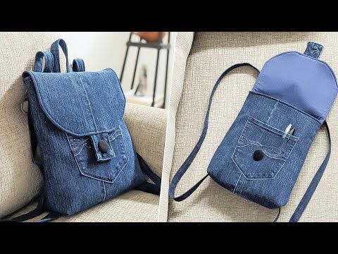 two pictures of the same bag with different pockets and straps, one in blue denim