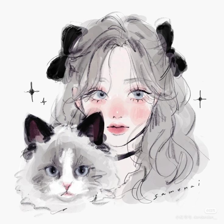 a drawing of a girl and her cat