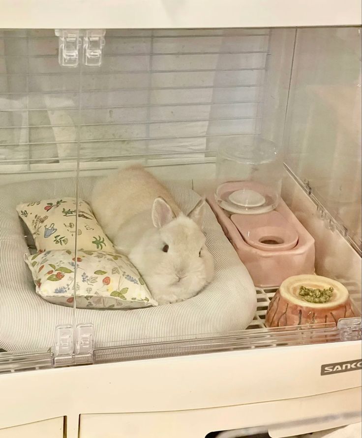 a small white animal laying on top of a bed in a cage next to a toilet