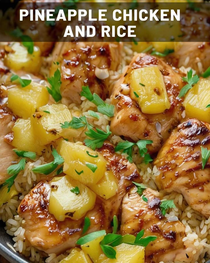 pineapple chicken and rice in a skillet with the words pineapple chicken and rice