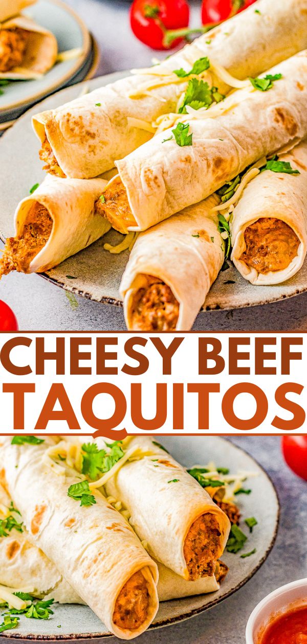 cheesey beef taquitass on plates with tomatoes and lettuce