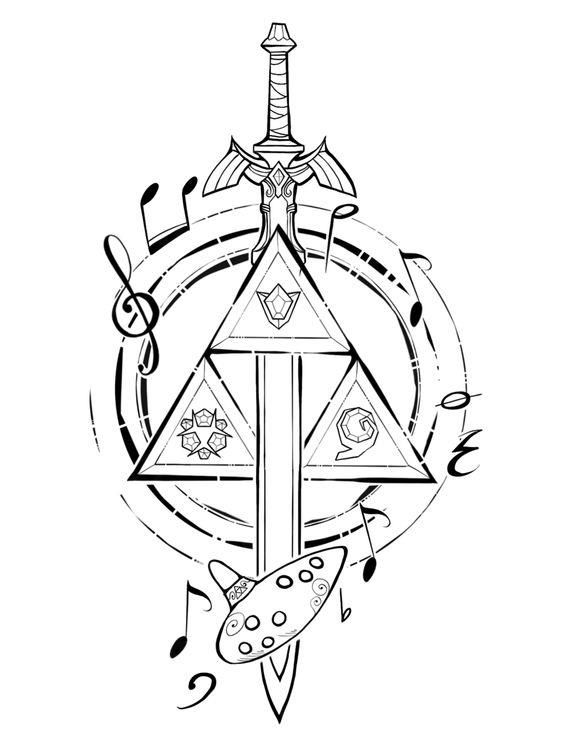 The Legend of Zelda Ocarina of Time Tattoo, tatuaje Zelda Ocarina Of Time Tattoo, Zelda Tattoo Flash, Ocarina Of Time Tattoo, Legend Of Zelda Tattoo, Zelda Drawing, Zelda Tattoo, Kanji Symbols, Nerd Tattoo, Video Game Tattoo