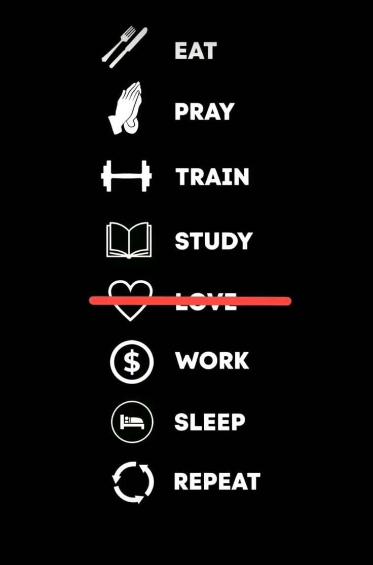 the words eat pray train study love work sleep repeat repeat on black background with red and white symbols