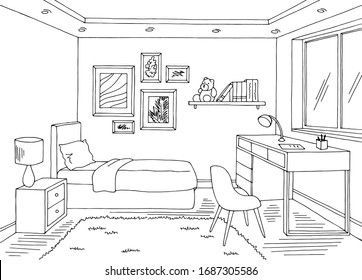 an outline drawing of a bedroom with a bed and desk