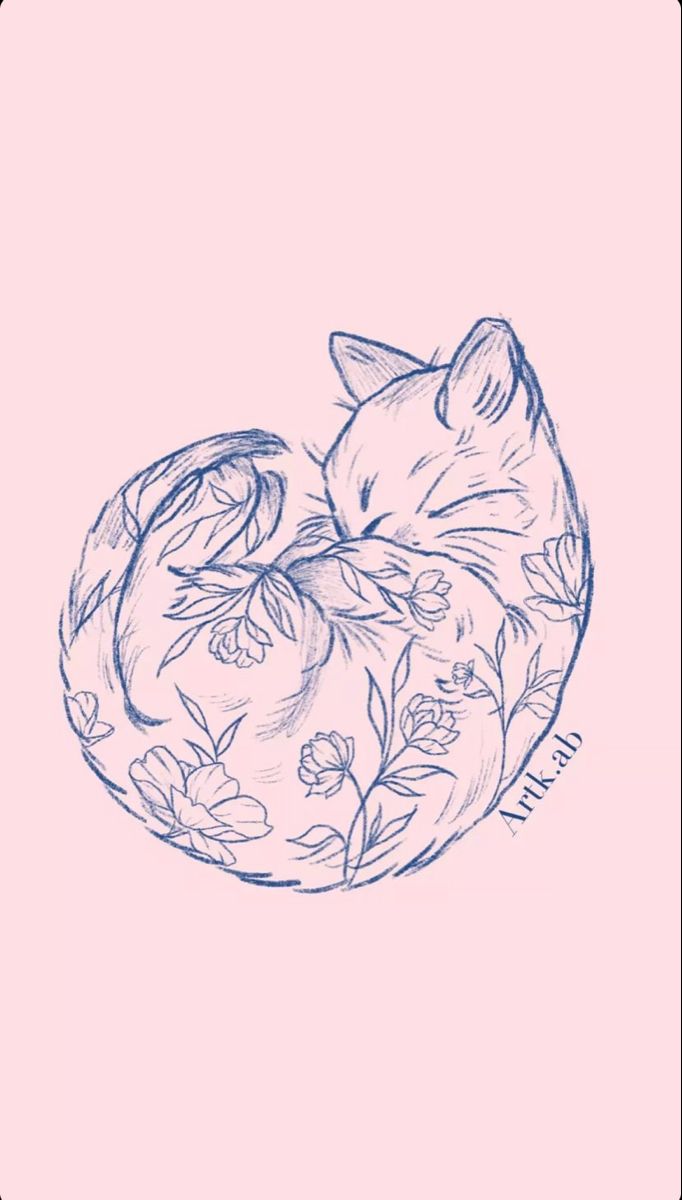 a drawing of a cat sleeping on top of a flowered pillow with its eyes closed