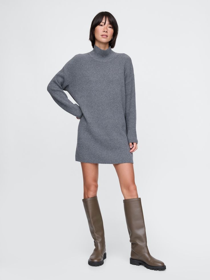 Supersoft cotton-blend mini sweater dress.  Turtleneck.  Long sleeves.  Fit: Over Sweater Dress Aesthetic, Sweater Dress Winter, Turtle Neck Sweater Dress, Wife Style, Plush Yarn, Mini Sweater, Chic Wardrobe, Long Sweater Dress, Turtleneck Sweater Dress