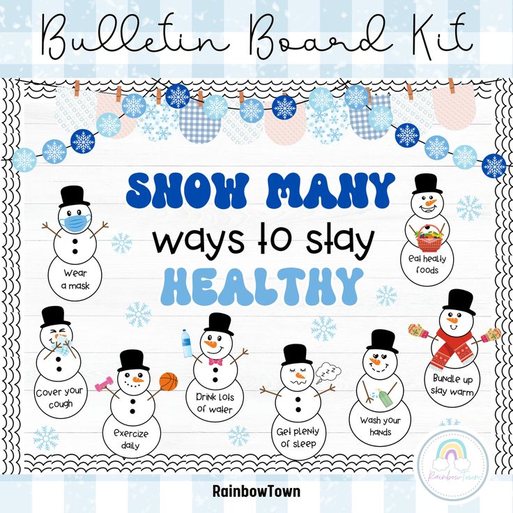 Winter Bulletin Board Kit What's included Board bunting Board border Board Elements Pre-made of 8 healthy habits Editable snowman for adding your text 3 Sayings letters in colors, black, and outlines - Snow Many Ways To Stay Healthy - Winter Healthy Habits - 'Tis The Season For Healthy Habits Instructions for use : Format file: Printable PDF Editable PPT files can be used on PowerPoint or Google Slides Easy print on 8.5" x 11" (US Letter) or A4 Colors may vary depending on the devices and printe Winter Nurse Bulletin Board, School Nurse Holiday Bulletin Board, Health Bulletin Boards Elementary, Winter Ra Boards, Clinic Decoration Ideas, Healthy Habits Bulletin Board, Snowman Classroom Door, Board Snowman, Winter Bulletin Board Ideas