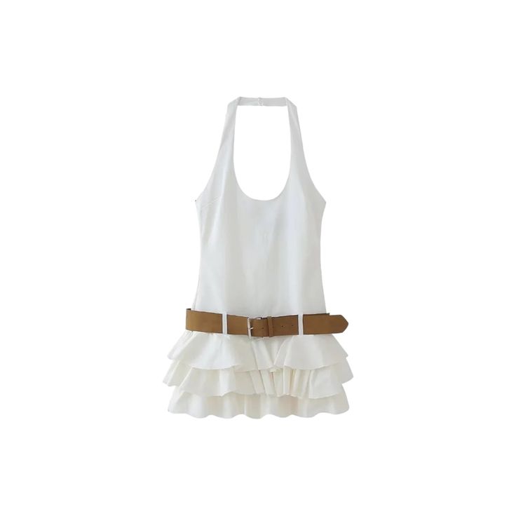 Add a touch of chic elegance to your wardrobe with our Meranda Dress! Featuring a sleeveless halter neck and ruffled bottoms, this white dress is perfect for any occasion. Backless Short Dress, Backless Midi Dress, Belt Women, Belted Shorts, Dress With Belt, Chic Sundress, Sleeveless Mini Dress, Mini Fashion, Dress Styles