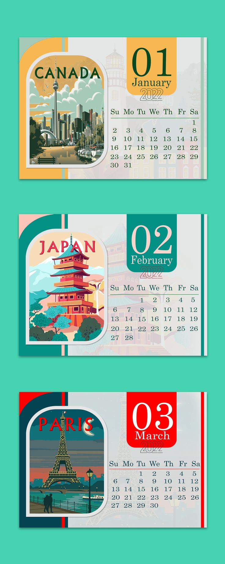 three calendars with different countries on them