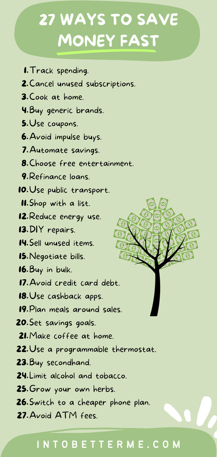 a green tree with the words, 25 ways to save money fast