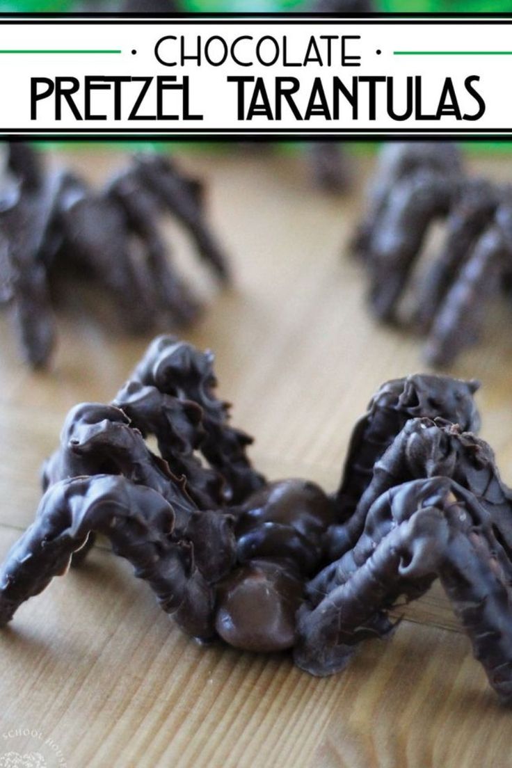 chocolate pretzel tarantulas on a wooden table with text overlay