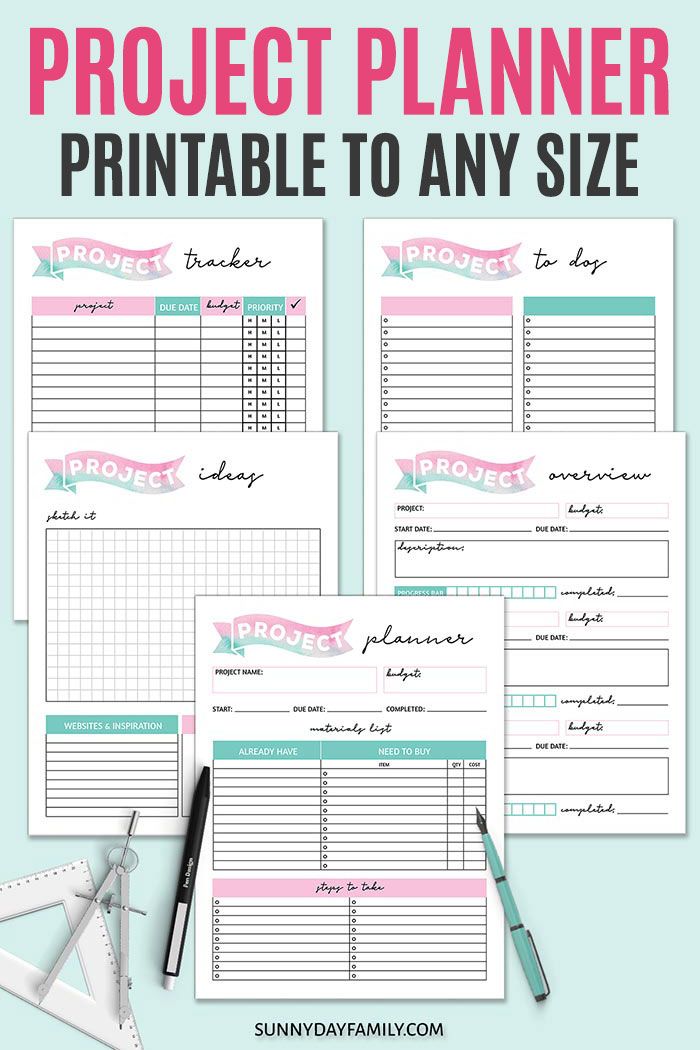 the project planner printable to any size is shown on top of a blue background