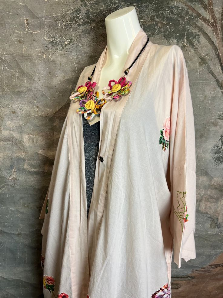 The Paper Lace Floral Patchwork Long Duster 100% Cotton Floral Applica's Bohemian Pink Embroidered Kimono, Pink Long Sleeve Kimono With Patchwork, Traditional Pink Kimono For Spring, Long Duster, Paper Lace, Floral Patchwork, Scarf Jewelry, Fashion Art, Top Outfits